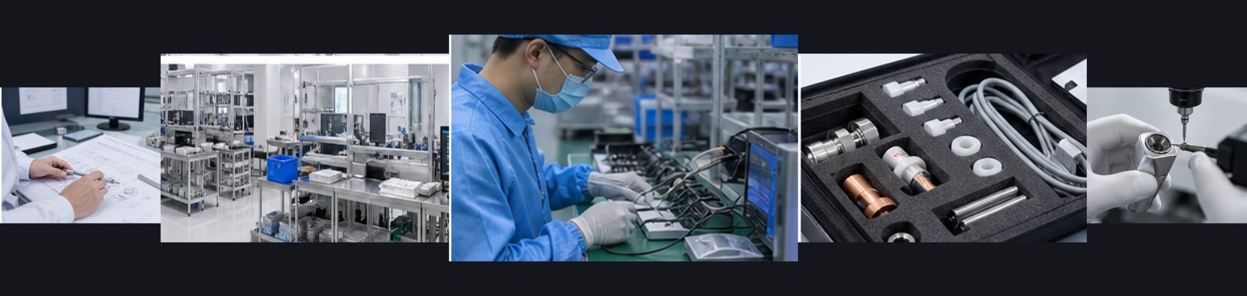 Collage of medical aesthetic component engineering, production, assembly, kitting and inspection
