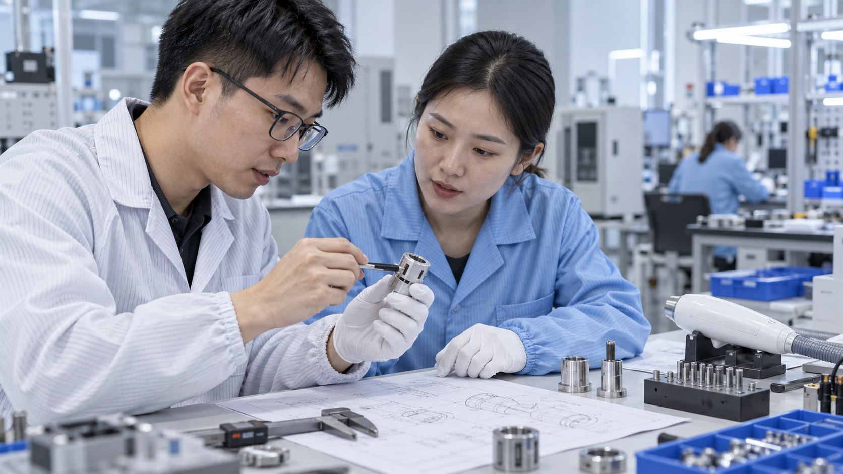 Illustrative scene of engineers reviewing a medical aesthetic component