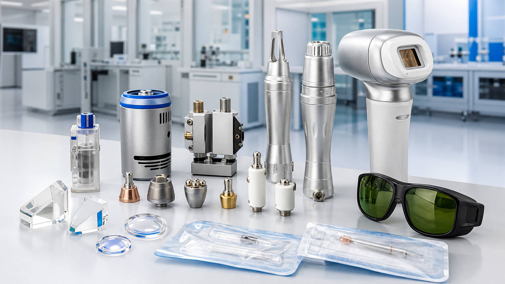 Premium medical aesthetic components and accessories in a clean production lab